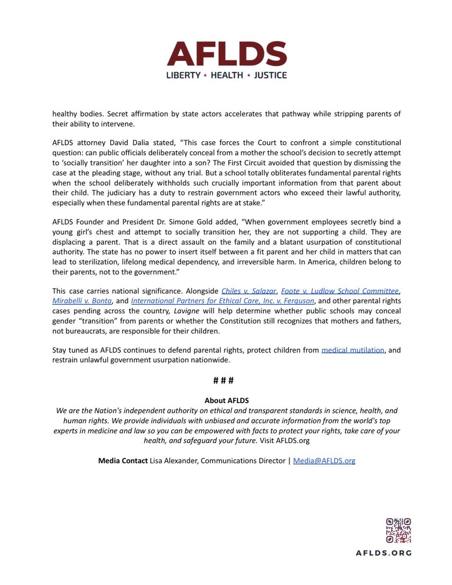 BREAKING: A public school secretly socially transitioned a 13-year-old girl and began treating her as a boy — without her mother’s knowledge or consent.

When the mother sued, the lower courts dismissed the case outright.

AFLDS has filed an amicus brief asking the Supreme Court