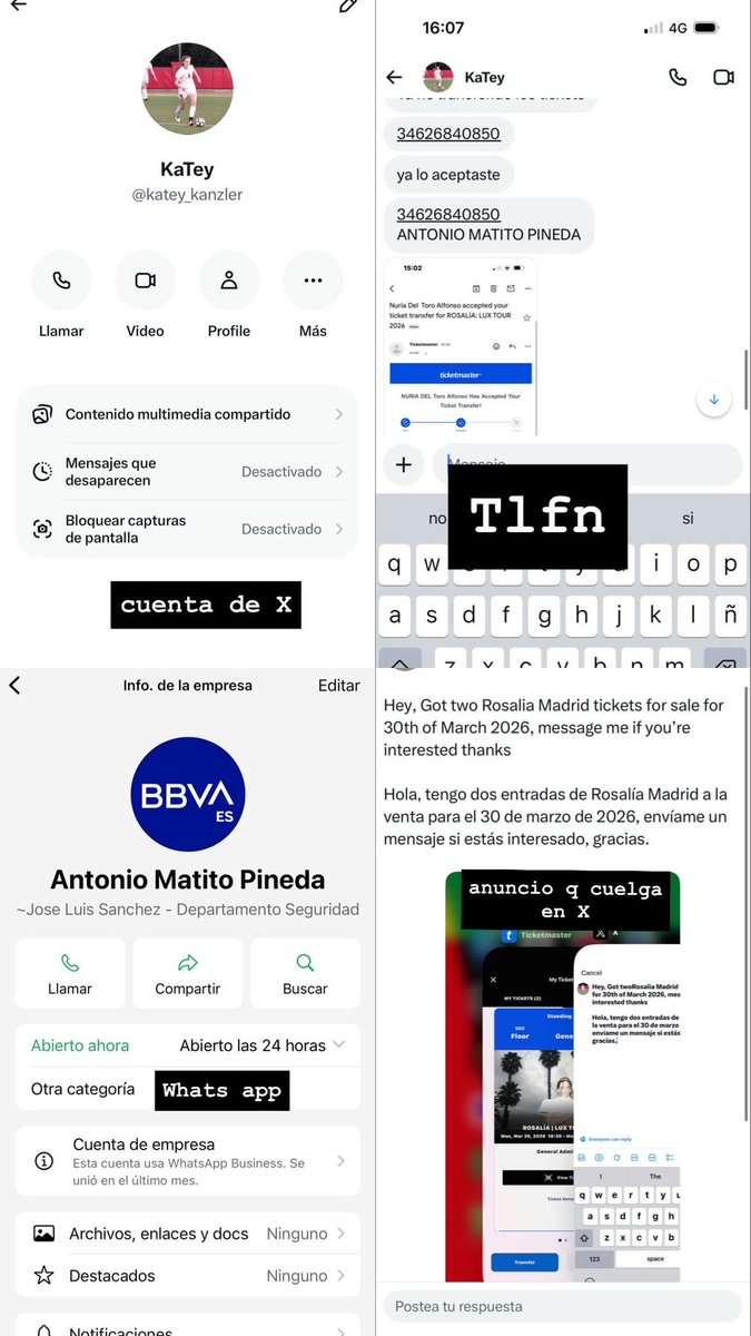 EnCarnaValens's tweet photo. MIRA.. para que no os pase como a mí os dejo una cuenta que intenta estafar con la venta de entradas de Rosalía. Haciéndolo vía Ticketmaster. Pero es que es el propio banco el que me ha detectado el número como estafa.. https://t.co/Cx43uMW7WT
