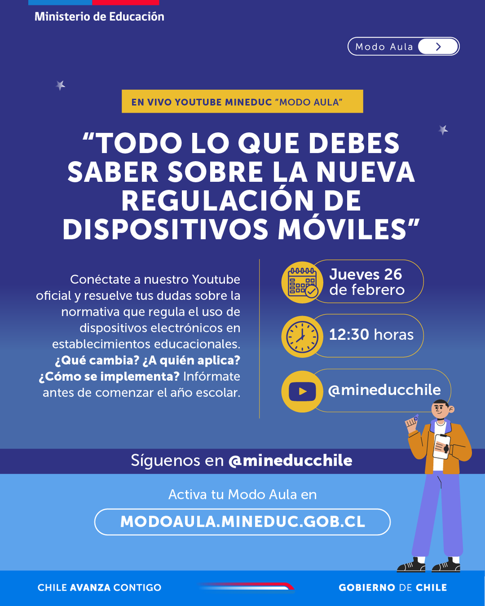 ¡Conoce todo lo que debes saber sobre la ley que regula los dispositivos electrónicos en establecimientos!

📅Mañana, jueves 26
⏰12:30 horas

Conéctate en youtube.com/@mineducchile