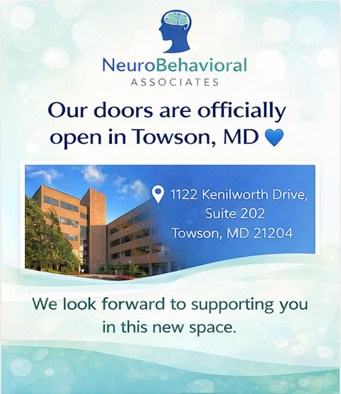 NBATests's tweet photo. Our doors are officially open in Towson, MD 💙

 The new NeuroBehavioral Associates location is now open and ready to serve individuals and families in the area.

📍 1122 Kenilworth Drive, Suite 202
 Towson, MD 21204
 📍 The Exchange Building

We look forward to supporting you! https://t.co/vPFzqRR8YW