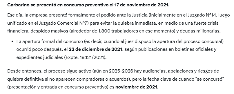 <a href="/raultimerman/">Raúl Timerman</a> Hola Raúl, Garbarino entró en concurso preventivo en Noviembre del 2021. A que no sabés quienes gobernaban en ese momento? Sos periodista, verdad?