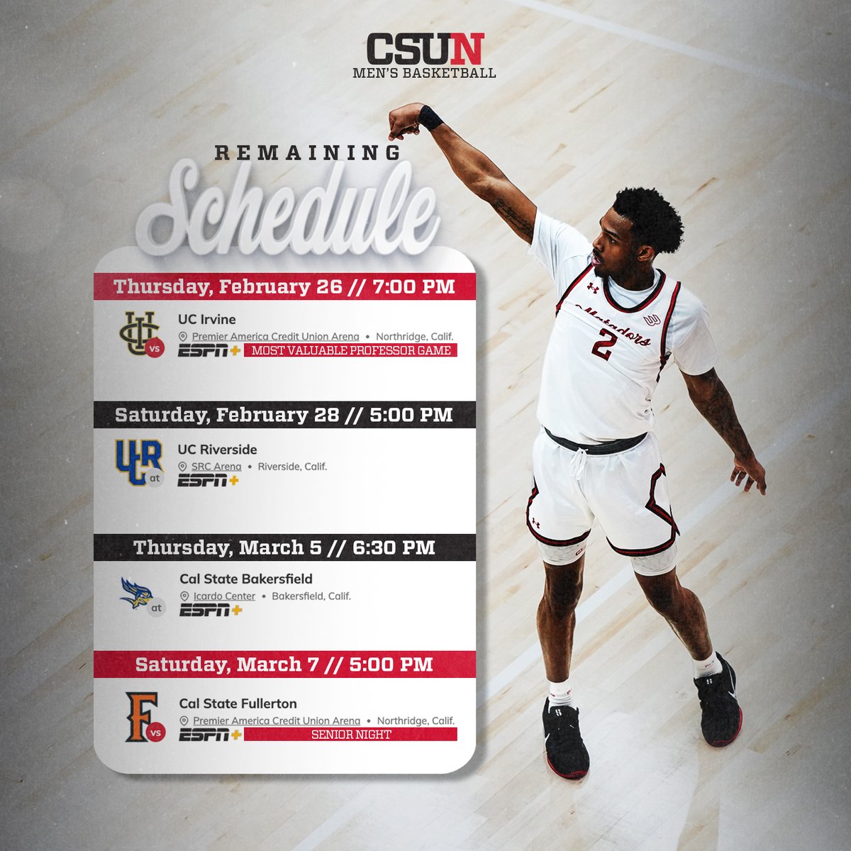 Just four games left in the regular season for <a href="/CSUNMBB/">CSUN Men’s Basketball</a>, including a battle for first place tomorrow night against UC Irvine. 

We need you here ➡️ tickets.gomatadors.com

#GoMatadors x <a href="/BigWestSports/">The Big West</a>