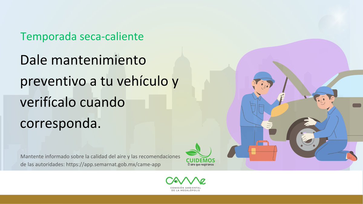 CAMegalopolis's tweet photo. 📌 #RecomendacionesCAMe
Dar mantenimiento preventivo a tu 🚗 disminuye emisiones y contribuye a proteger la salud de todas y todos.

🗓️ Verifica tu vehículo cuando corresponda. https://t.co/o3H4dCXiBi