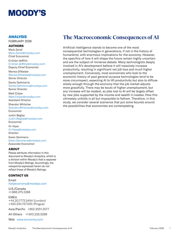 Super interesting!

"The Macroeconomic Consequences of AI" by Moody’s (Mark Zandi, Cristian deRitis, Marisa DiNatale, Dante DeAntonio, Matt Colyar, Shandor Whitcher, Justin Begley, Ilir Hysa, and Gwen Semmens).

"Many technologists deeply involved in AI’s development believe it