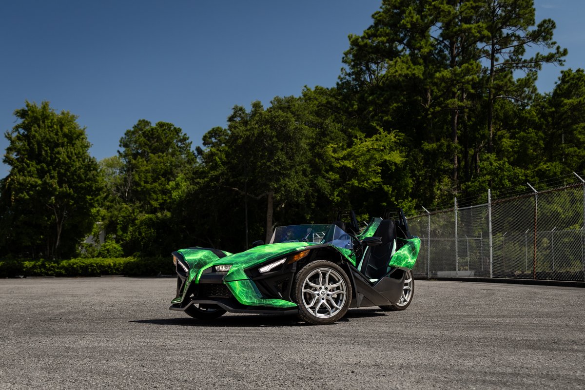 Wrapping a Slingshot is like wrapping a stack of sharp triangles.

This green lightning graphic had to line up across panel gaps and angles from every view, or it falls apart.

Full graphic like this, or clean color change. What would you pick?

#VehicleWrap #Jacksonville