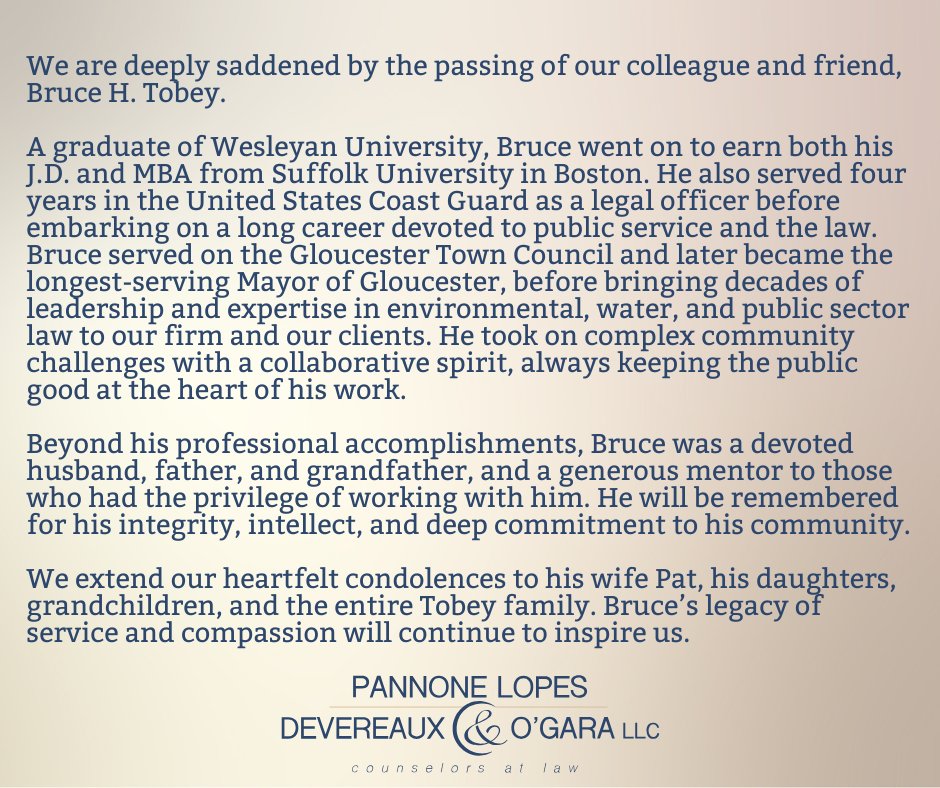 PLDOLLC's tweet photo. We are deeply saddened by the passing of our colleague &amp; friend, Bruce H. Tobey. Bruce dedicated his life to public service, the law &amp; his community. He will be remembered for his integrity, intellect &amp; compassion. Our condolences are with his family. https://t.co/38OHkhCAVW https://t.co/F0aIZ9xUMg