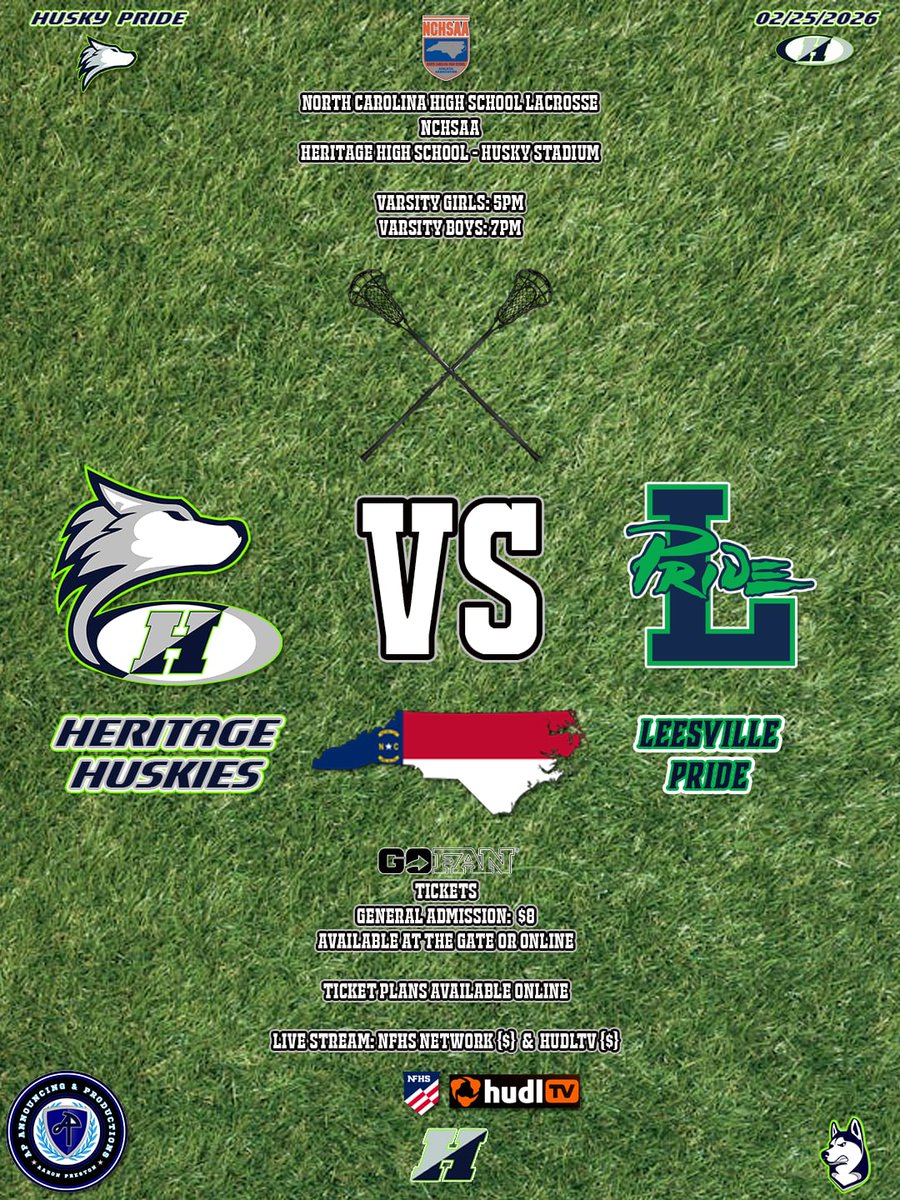 🌕 Tonight (02/25/2026) 📆
🏫 High School Lacrosse🥍
 
Heritage Huskies 🐺 
🆚️
Leesville Pride 🦁 

📍Husky Stadium

Girls: 5pm ET 🕔
Boys: 7pm ET 🕖

🎟 $8
Available at Gate or Online

📺 NFHS Network {$} &amp; HudlTV {$}

#HuskyPride
#GoHuskies
#HTown
#RollSkies
#HuskyNation