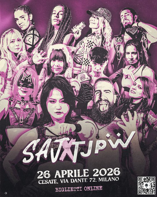 Le 26/04 la <a href="/SAJWrestling/">SAJ Wrestling 🇮🇹</a> fera un show en commun avec <a href="/tjpw2013/">TJPW 東京女子プロレス</a> avec :

MIYU YAMASHITA 
HYPER MISAO
<a href="/nk147cm/">中島翔子 Shoko Nakajima</a> 
YUKI AINO
RHIO 
SESSION MOTH MARTINA
<a href="/Cory_ZERO/">ZERØ</a> 
KANJI 
IRENE
SAJ OPENWEIGHT CHAMPION: SEBASTIAN DE WITT
SAJ COMBAT CHAMPION: <a href="/InRing_GORO/">★ 𝑳𝒖𝒄𝒂 𝑫𝒐𝒏𝒂𝒕𝒊 ~ 𝐺𝑂𝑅𝑂</a>
EMANUEL EL G