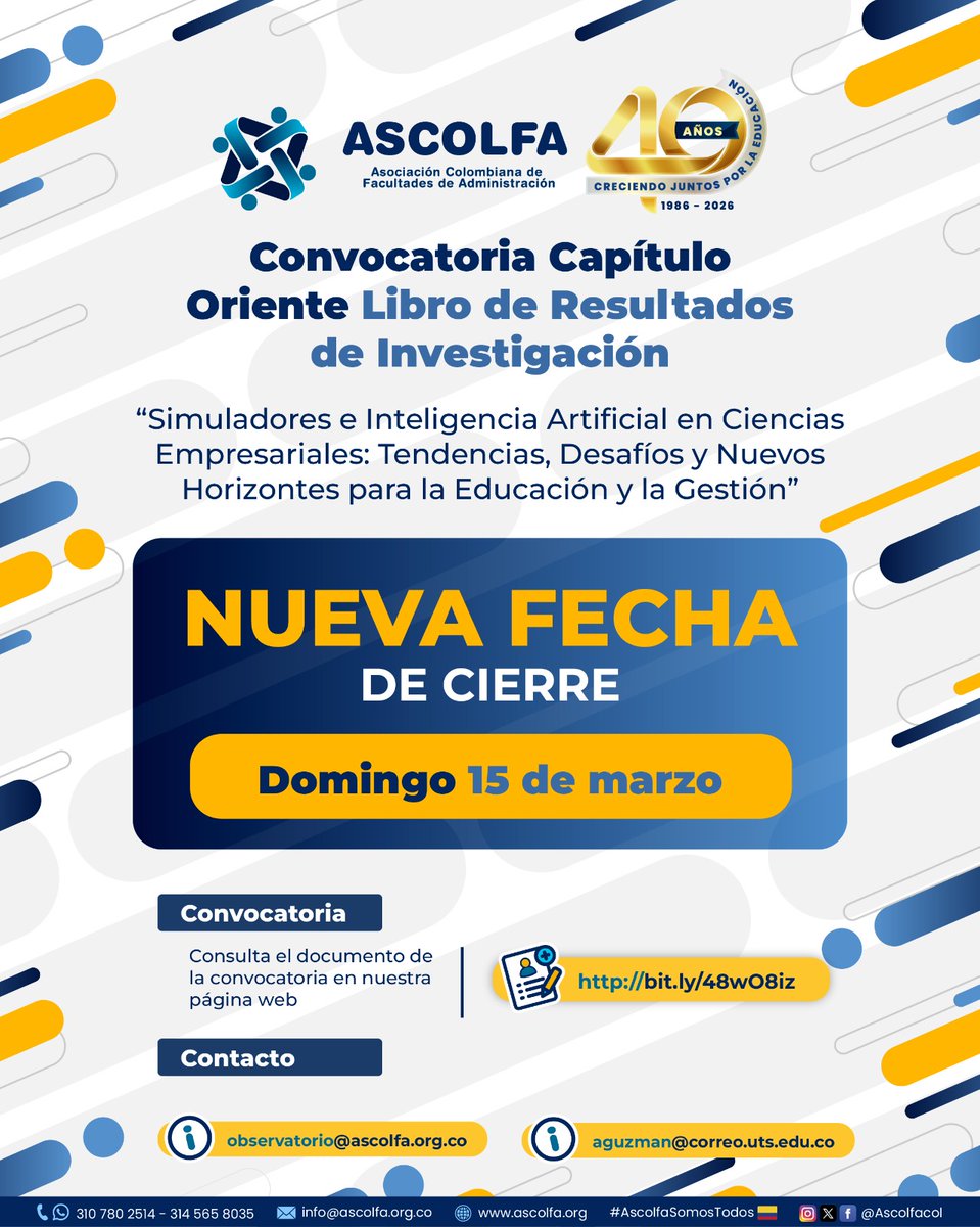 📢 Nueva fecha de cierre

El Capítulo Oriente amplía la convocatoria del Libro de Resultados de Investigación "📘 Simuladores e IA en Ciencias Empresariales, hasta el 15 de marzo.

ostula tu trabajo y haz parte de esta publicación académica. info aqui: bit.ly/48wO8iz