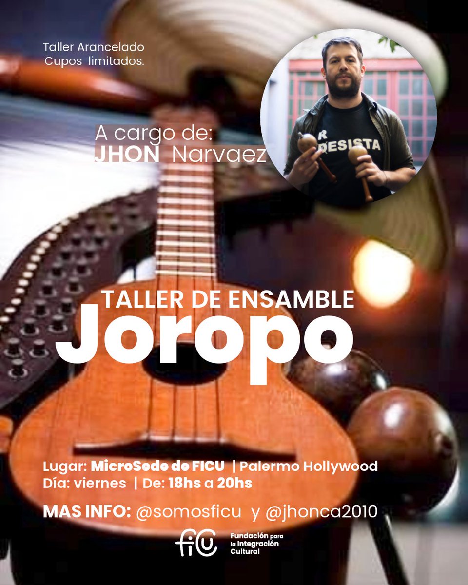 somosficu's tweet photo. Ensamble de Joropo Llanero 🎶🪇
Convocatoria abierta todo el año.

El Joropo se aprende tocando. En grupo. En escucha. En diálogo.

El Ensamble es un espacio continuo de práctica y formación en Joropo Llanero.
Están abiertas las inscripciones, empezamos en marzo!!!

📅 Todos los viernes
⏰ 18:00 a 20:00 hs
📍 Micro sede de FICU (Palermo, CABA)

🎼 Facilitado por Jhon Narváez @Jhonsis2020 
Músico, docente e investigador con más de 15 años difundiendo el género en Argentina.

Este taller es un espacio abierto a todos los instrumentos y niveles de experiencia, con convocatoria abierta todo el año.
Importa tu disposición a tocar en comunidad.

📲 Inscripciones abiertas
👇🏾

https://t.co/LRlzkjXwBN