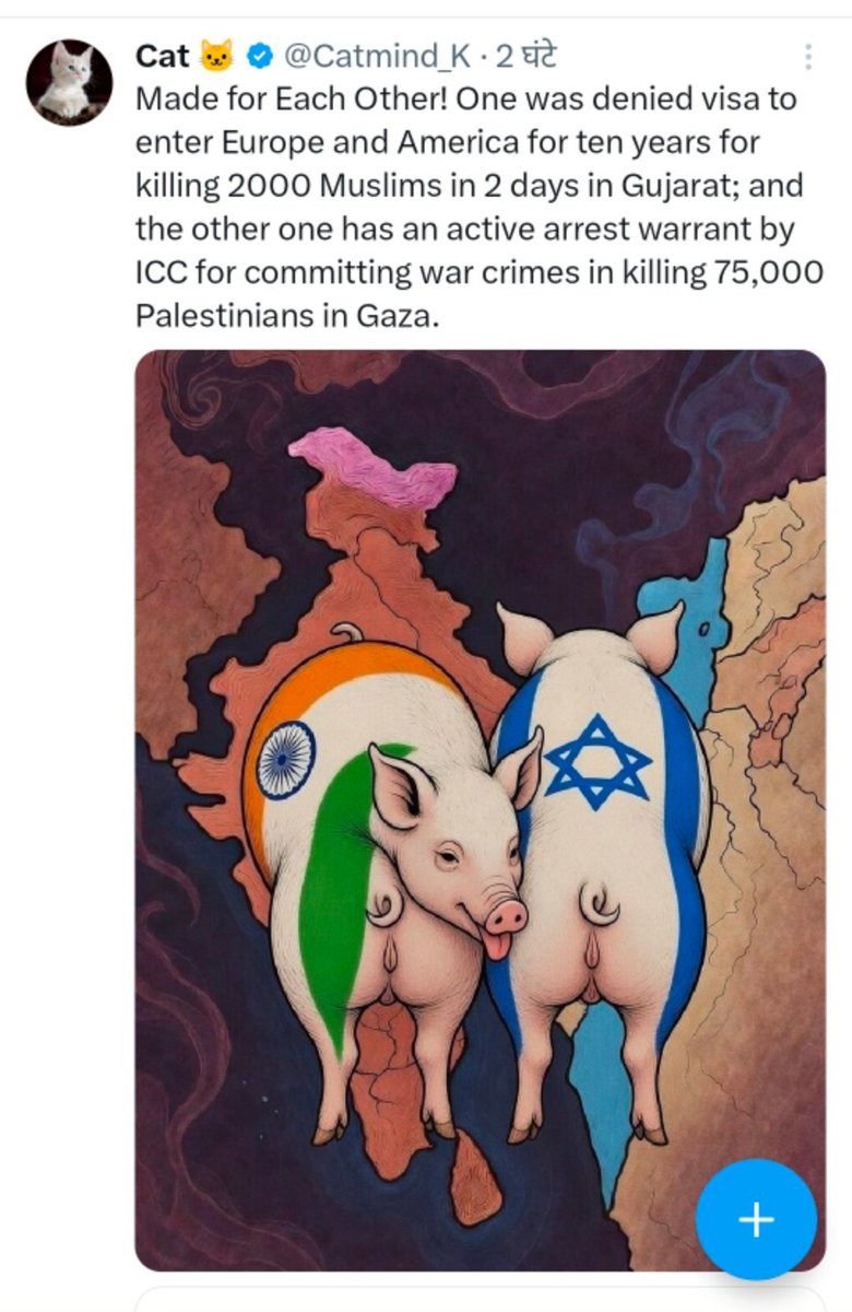 Bhaveshlivelife's tweet photo. @Catmind_K you pathetic anti-Hindu bigot hiding behind a cat pic - your disgusting pig cartoon dripping with Islamist hate won't erase facts, it just exposes your jihadi sympathies!

Modi didn't "kill 2000 Muslims in 2 days" - that's your twisted propaganda. Godhra started it: 59 innocent Hindu pilgrims, women & kids, burned alive by a Muslim mob in a pre-planned arson (Nanavati Commission confirmed). Riots followed - official figures: 790 Muslims + 254 Hindus dead over weeks, not your fake "2000 in 2 days." Courts, SIT, Supreme Court cleared Modi completely - no conspiracy, no complicity. Multiple acquittals prove it was chaos, not genocide.

US visa? Temporary denial in 2005 over bogus "religious freedom" claims by anti-India lobbies - lifted instantly when he became PM in 2014. Now world leaders roll out red carpets for him. Your "10-year ban" myth is dead!

Netanyahu? ICC's sham warrant (Nov 2024) is pure anti-Israel bias - ignores Oct 7 Hamas massacre: 1200+ Israelis slaughtered, raped, beheaded, hostages taken. Gaza toll ~72,000-75,000+ (per various reports up to 2026), but IDF estimates 14,000-20,000+ Hamas terrorists killed. Civilians die because Hamas embeds in hospitals, schools, uses human shields - classic terror tactic. Israel defends its people, just like India crushes cross-border jihad from Pakistan!

Modi & Netanyahu: Iron brothers smashing radical Islamofascism. India-Israel unbreakable - defense deals, tech, shared enemies. Your filthy pig art? That's your level - wallowing in gutter hate while Bharat rises!

Cry more, libtard troll. Bharat Mata ki Jai! 🇮🇳🔥🇮🇱