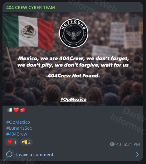 DarkWebInformer's tweet photo. ❗️🇲🇽 Hacktivist group 404Crew claims to be targeting Mexico https://t.co/lqNc186iSW