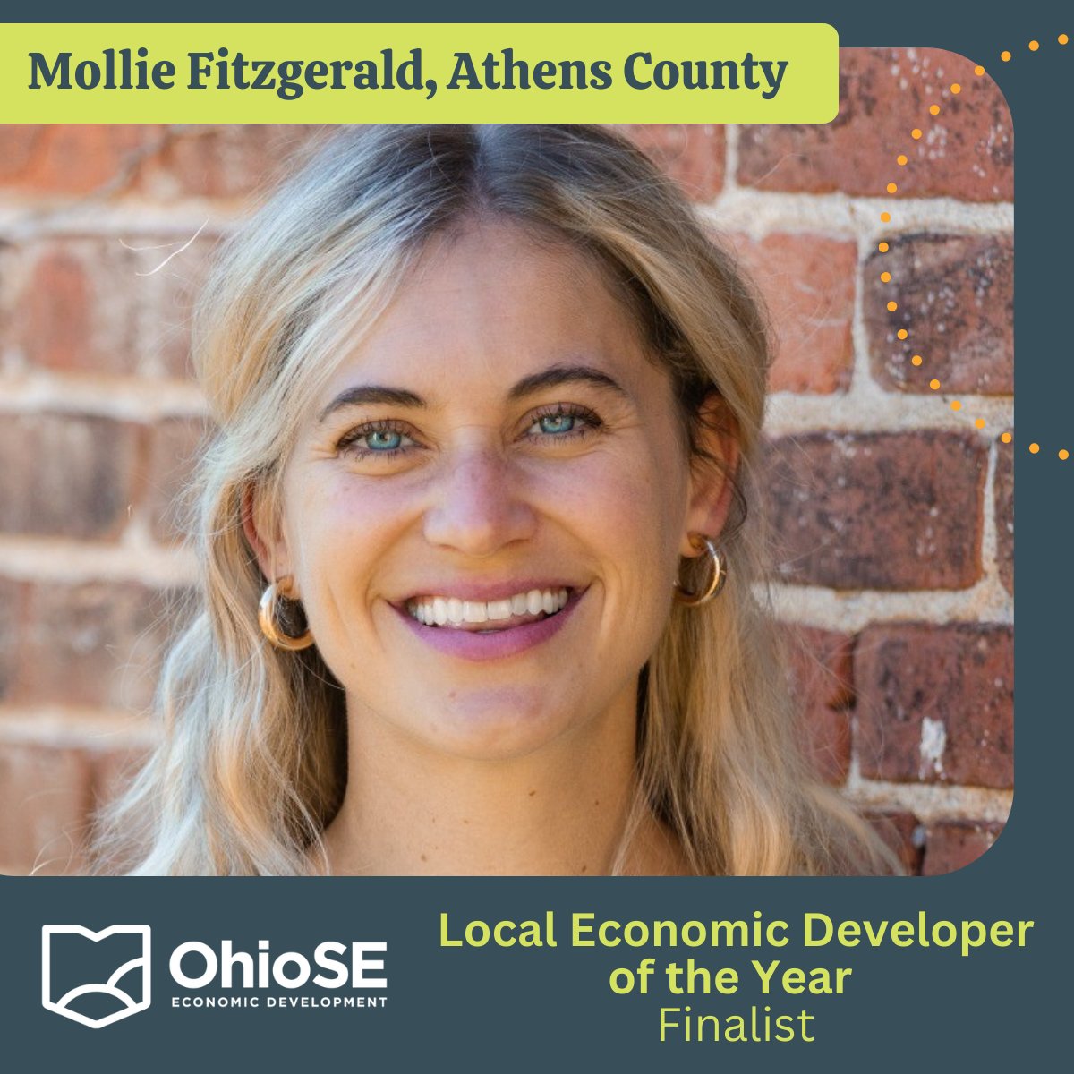 Ohio_SE's tweet image. 🏆 OhioSE is proud to recognize Mollie Fitzgerald of @AthensCountyEDC as a finalist for the 2025 OhioSE Local Economic Developer of the Year Award! The 2025 OhioSE Annual Award Winners will be announced at our Annual Meeting next week.

#WeAreOhioSE #EconomicDevelopment