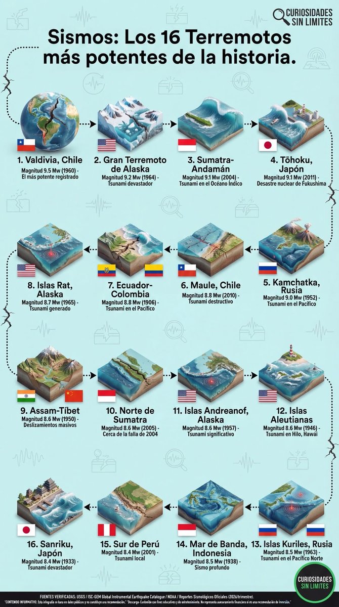 CataPaul2's tweet photo. Earthquakes: the 16 most powerful in history

1.🇨🇱 Valdivia, Chile — Magnitude 9.5 Mw (1960) — Most powerful ever recorded
2.🇺🇸 Great Alaska Earthquake — Magnitude 9.2 Mw (1964) — Devastating tsunami
3.🇮🇩 Sumatra–Andaman — Magnitude 9.1 Mw (2004) — Indian Ocean tsunami
4.🇯🇵 Tōhoku, Japan — Magnitude 9.1 Mw (2011) — Fukushima nuclear disaster
5.🇷🇺 Kamchatka, Russia — Magnitude 9.0 Mw (1952) — Pacific Ocean tsunami
6.🇨🇱 Maule, Chile — Magnitude 8.8 Mw (2010) — Destructive tsunami
7.🇪🇨🇨🇴 Ecuador–Colombia — Magnitude 8.8 Mw (1906) — Pacific Ocean tsunami
8.🇺🇸 Rat Islands, Alaska — Magnitude 8.7 Mw (1965) — Tsunami generated
9.🇮🇳🇨🇳 Assam–Tibet — Magnitude 8.6 Mw (1950) — Massive landslides
10.🇮🇩 Northern Sumatra — Magnitude 8.6 Mw (2005) — Near the 2004 fault zone
11.🇺🇸 Andreanof Islands, Alaska — Magnitude 8.6 Mw (1957) — Significant tsunami
12.🇺🇸 Aleutian Islands — Magnitude 8.6 Mw (1946) — Tsunami in Hilo, Hawaii
13.🇷🇺 Kuril Islands, Russia — Magnitude 8.5 Mw (1963) — North Pacific tsunami
14.🇮🇩 Banda Sea, Indonesia — Magnitude 8.5 Mw (1938) — Deep-focus earthquake
15.🇵🇪 Southern Peru — Magnitude 8.4 Mw (2001) — Local tsunami
16.🇯🇵 Sanriku, Japan — Magnitude 8.4 Mw (1933) — Devastating tsunami

🖇️ Source: Verified sources — USGS / ISC-GEM Global Instrumental Earthquake Catalogue / NOAA / Official Seismological Reports (2023 updates)