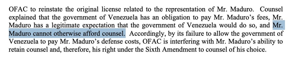 JUST IN: Maduro's lawyer says Treasury won't lift sanctions to let the Venezuelan government fund Maduro's criminal defense.

Which means, without a change, Maduro can't afford a lawyer.  storage.courtlistener.com/recap/gov.usco…