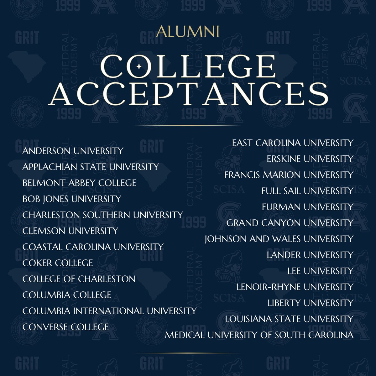 CAGenerals's tweet photo. Congratulations to our class of 2026 on their college acceptances!
#CAGenerals #wearecathedral #SCISA #CathedralAcademy #SouthCarolina #Charleston #Family #GRIT #Isaiah4110 #CathedralAcademy #Perseverance #GetGritty https://t.co/snsx9rr2lA