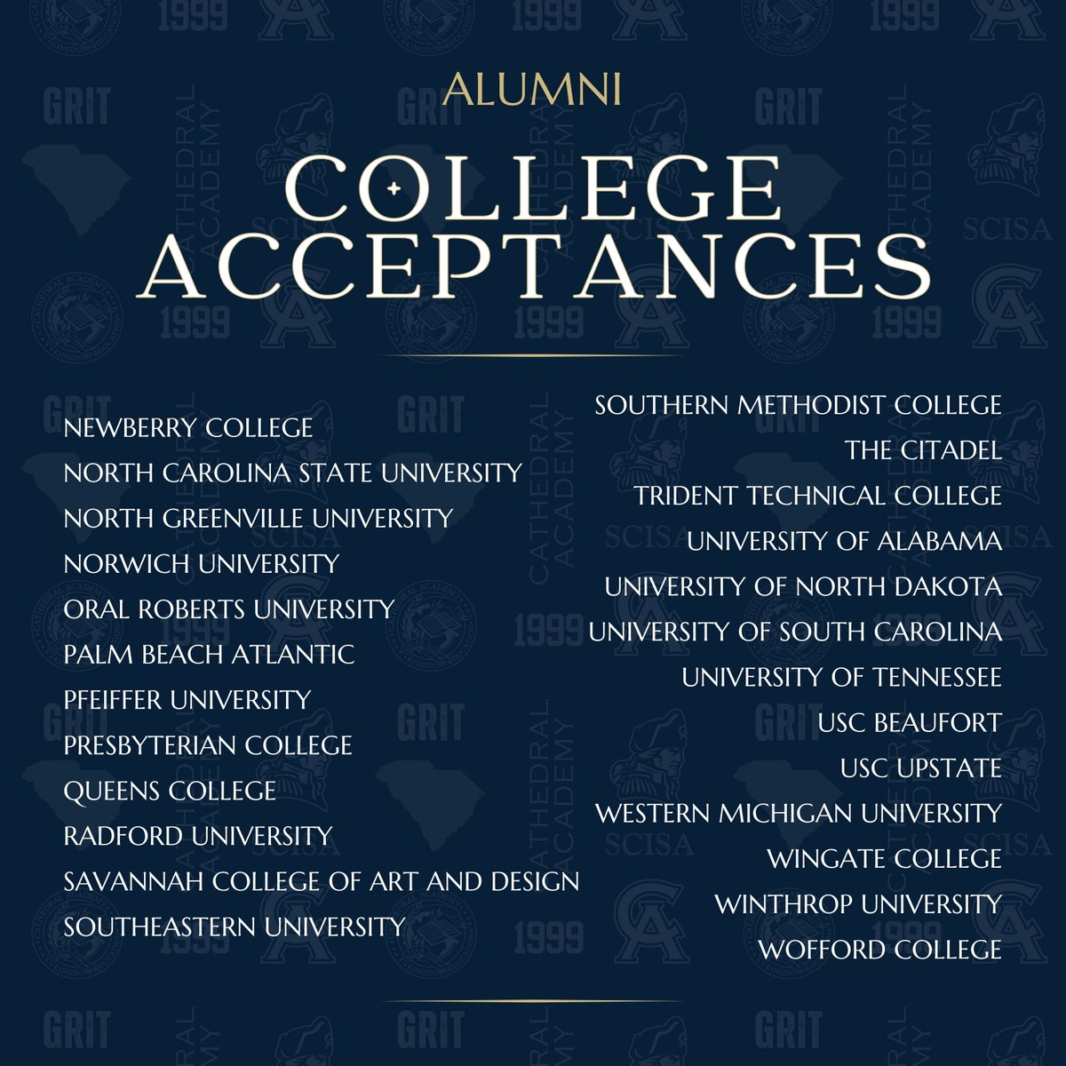 CAGenerals's tweet photo. Congratulations to our class of 2026 on their college acceptances!
#CAGenerals #wearecathedral #SCISA #CathedralAcademy #SouthCarolina #Charleston #Family #GRIT #Isaiah4110 #CathedralAcademy #Perseverance #GetGritty https://t.co/snsx9rr2lA
