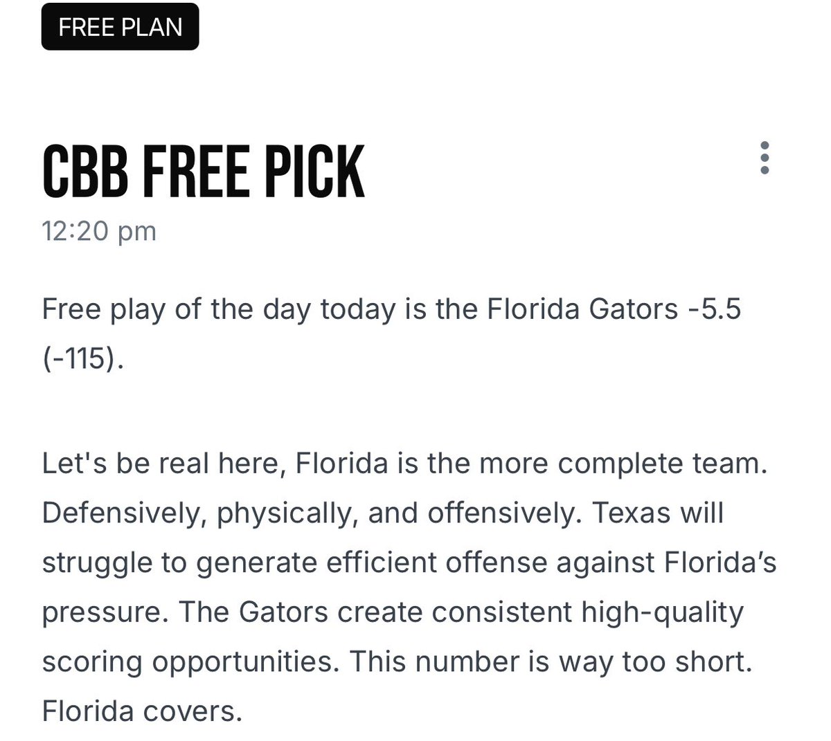 Steamwaysports's tweet photo. Free play of the day today is the Florida Gators -5.5 (-115). 

#Steamway #NCAA #BestBet #Freepick #handicapper #odds #florida #gators #FloridaGators https://t.co/XY7hRlSba4