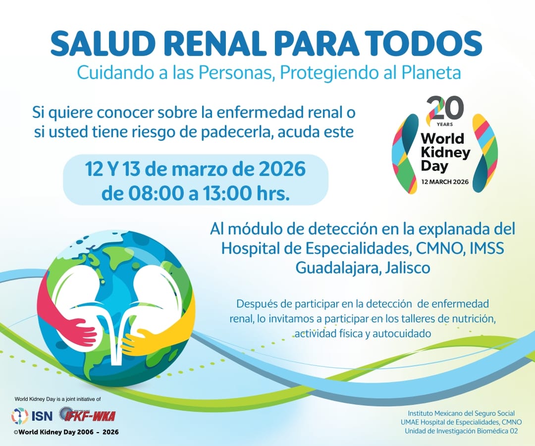 IMINmx's tweet image. En el marco del #DíaMundialDelRiñón 2026 te invitamos a realizarte una detección oportuna de enfermedad renal.

📅 12 y 13 de marzo de 2026.
⏰ 08:00 a 13:00 hrs.
📍 Explanada del Hospital de Especialidades, CMNO, IMSS Guadalajara, Jalisco.

💚 ¡Te esperamos!

#ISN #IMIN