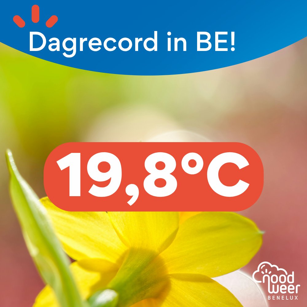 NoodweerBenelux's tweet photo. Goedenavond! Vandaag werd het dagrecord in België officieel verbroken!☀ In #Ukkel steeg het kwik tot 19,8°C en hiermee werd het vorige record van 18,8°C verbroken. In Nederland werd er in De Bilt net geen dagrecord verbroken. In #Maastricht werd het dan wel 19,8°C. We zijn er dus vroeg bij dit jaar, en de komende dagen blijft het nog relatief zacht. 🌡 Fijne avond nog!