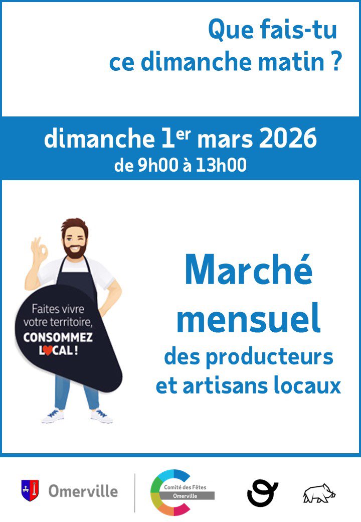 Dimanche 1/03/2026 • 9h-13h — Marché mensuel à #Omerville organisé par Comité des Fêtes d’Omerville. Produits locaux, artisans, bonne humeur — venez nombreux ! 🥕✨ #vexin #valdoise