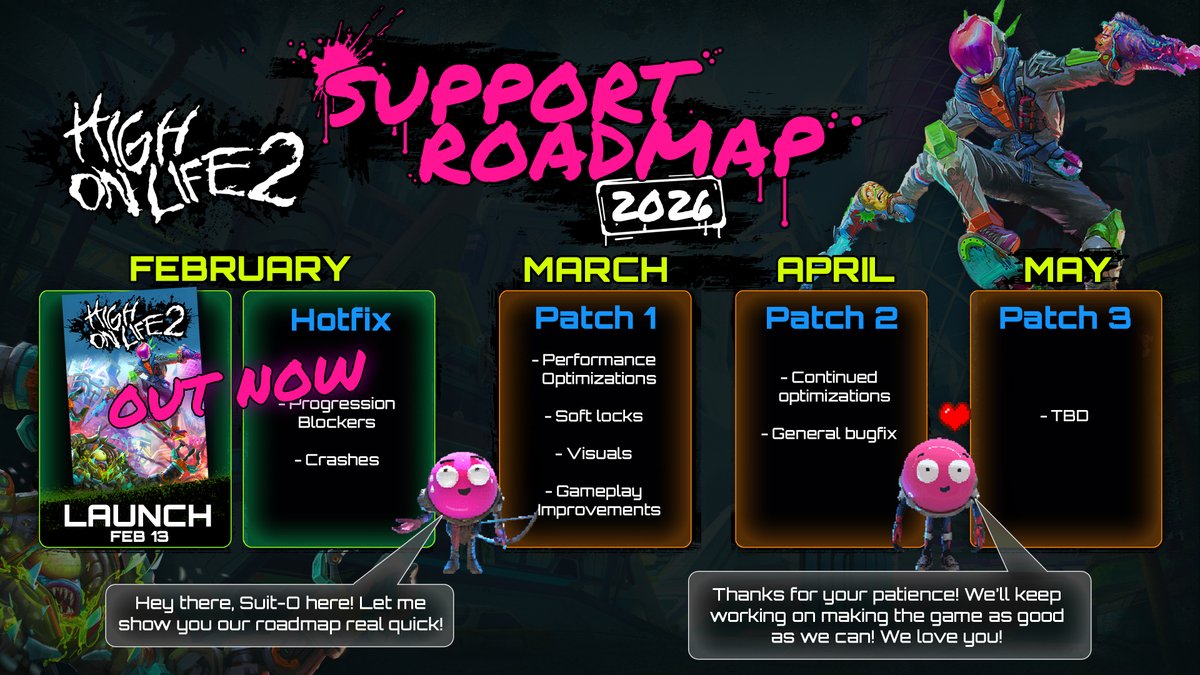 HIGH ON LIFE 2 – SUPPORT ROADMAP!

We're busy making High On Life 2 even better (which is saying a lot because the game is already really good). 

From patches to hotfixes, check out what's to come from <a href="/SquanchGames/">Squanch Games</a> in the coming months!