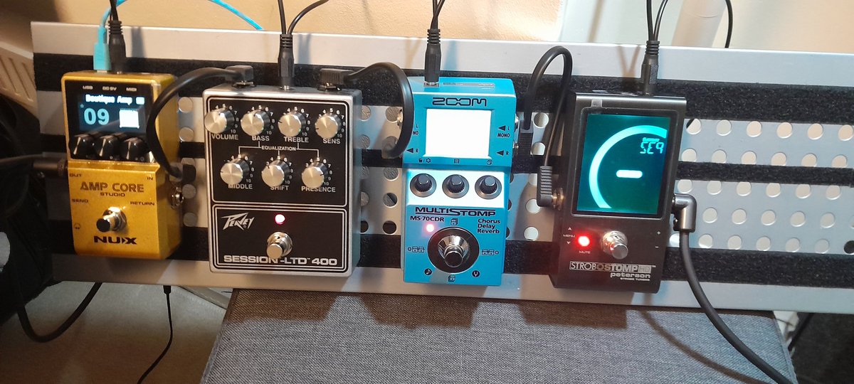 ChuckG700's tweet photo. I stuck some guitar pedals to my improvised #guitar #pedalboard today. Use low adhesive painter's tape and stick velcro on top of that. Sticky velcro can damage the finish of your pedals and leave residue.  #pedalsteelguitar I have repurposed an old steel shelf! Cheap and easy! https://t.co/vq6CCmfT8C
