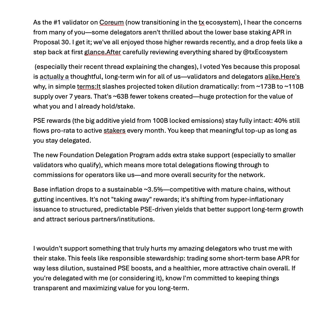 #Coreum #txEcosystem #Staking

Long message regarding Proposition #30 and my yes vote #Coreum #txEcosystem #Staking. I thought it was easier to send as an image.