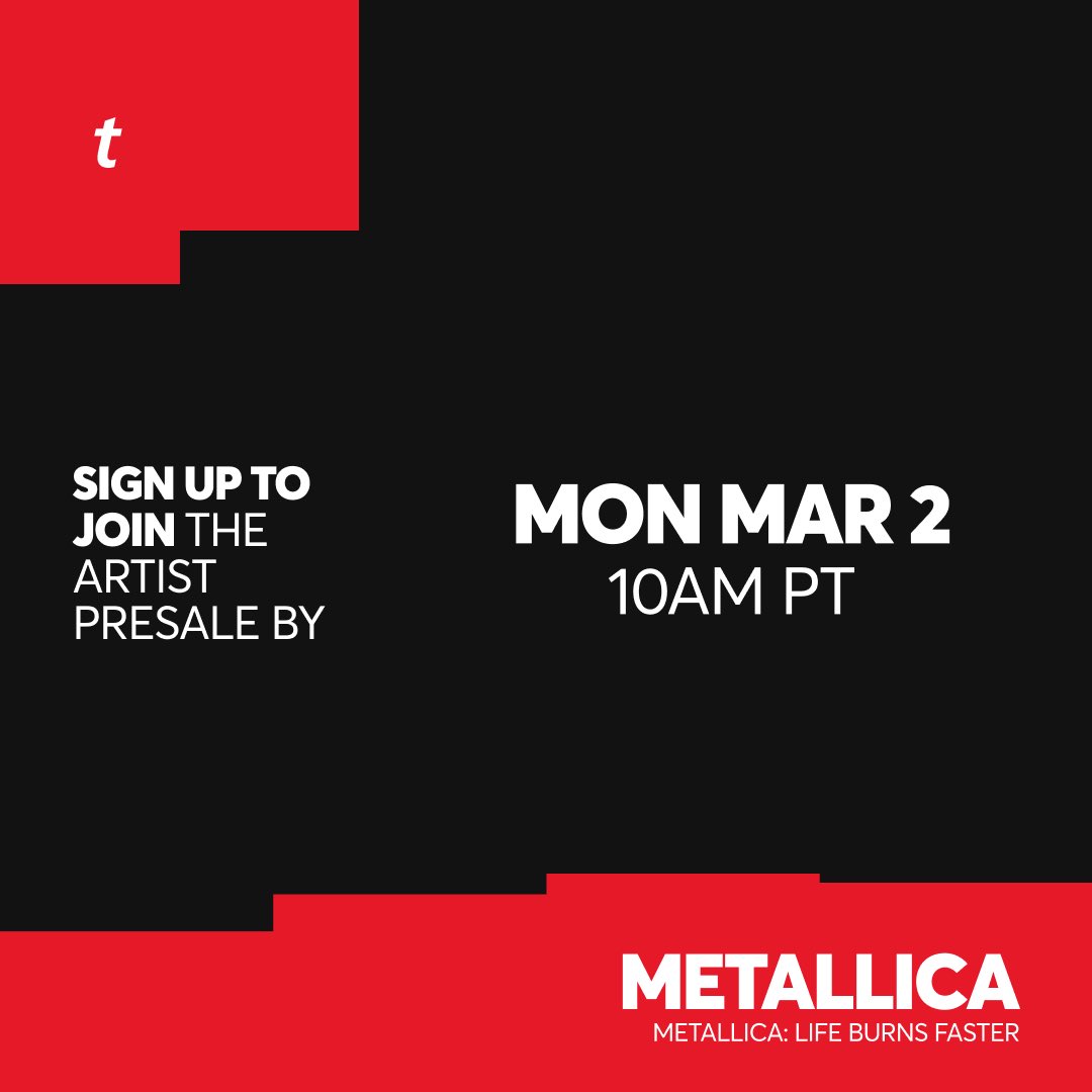 Ticketmaster's tweet photo. Nothing else matters... Because @Metallica are taking on Sphere Las Vegas later this year! 🎸 If you want tickets to Metallica: Life Burns Faster, here’s everything you need to know!

⏰ Sign up to join the Artist Presale by Mon, Mar 2nd at 10AM PT.

Here’s what to know so you’re ready when tickets drop. ⬇️

🎫: https://t.co/hSh1aBScaU