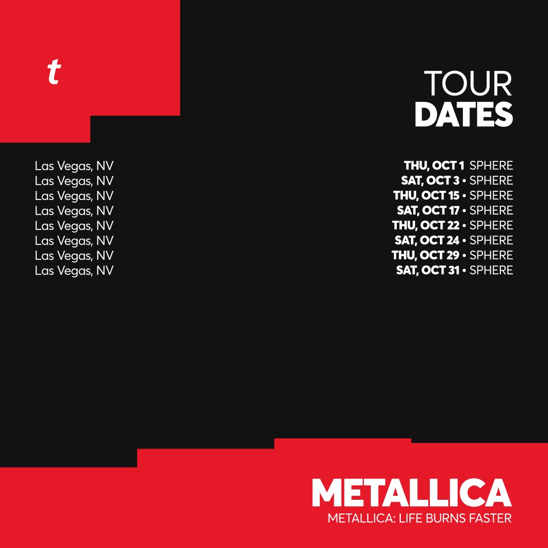 Ticketmaster's tweet photo. Nothing else matters... Because @Metallica are taking on Sphere Las Vegas later this year! 🎸 If you want tickets to Metallica: Life Burns Faster, here’s everything you need to know!

⏰ Sign up to join the Artist Presale by Mon, Mar 2nd at 10AM PT.

Here’s what to know so you’re ready when tickets drop. ⬇️

🎫: https://t.co/hSh1aBScaU