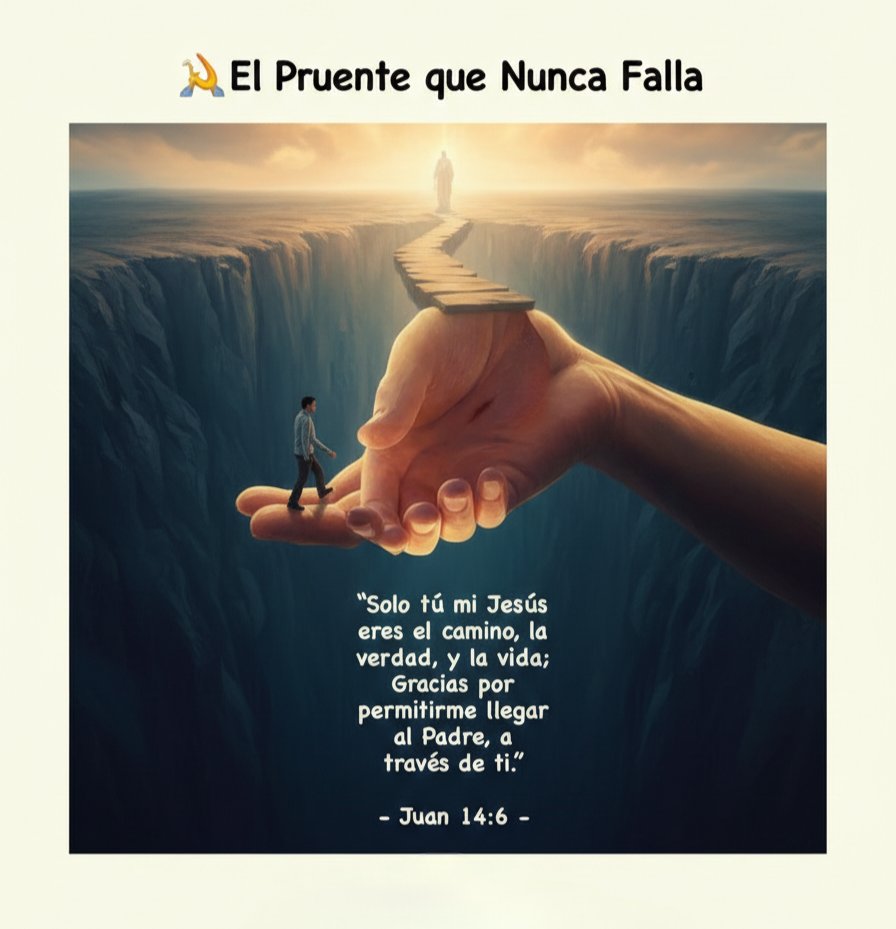 Cuando tus fuerzas se agotan y el camino se corta, Su mano se convierte en el puente. 
Jesús no solo nos marca el rumbo, Él ES el camino seguro hacia el Padre. ¡Confía en Su paso firme!
"Solo tú mi Jesús eres el camino..." — Juan 14:6