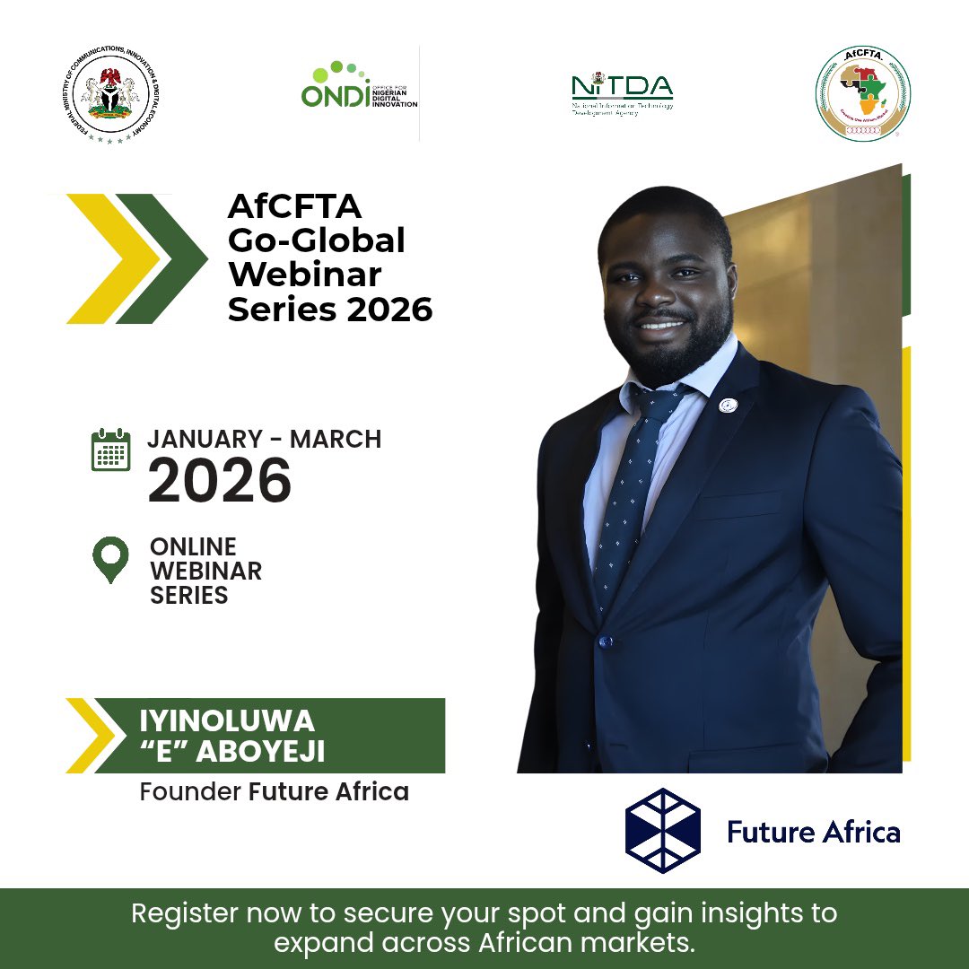 ONDINigeria's tweet photo. Scaling across Africa? 💸🌍
Capital strategy is everything.

Session 5 brings together:
🔥 Iyinoluwa Aboyeji (Future Africa)
🌍 Oyinkan Bello (UK Tech Hub)
🚀 Kanyinsola Adepoju (Flutterwave)

Learn how to:
• Structure capital
• Meet investor expectations
• Scale across AfCFTA markets

🗓 March 5 | 11AM (WAT)

🔗 https://t.co/TBdEgLDB56

Powered by @eTranzactPLC | @ChamsHoldCo | @Swiftfusiontech | @NITDANigeria 
#AfCFTA #StartupAfrica #ONDI