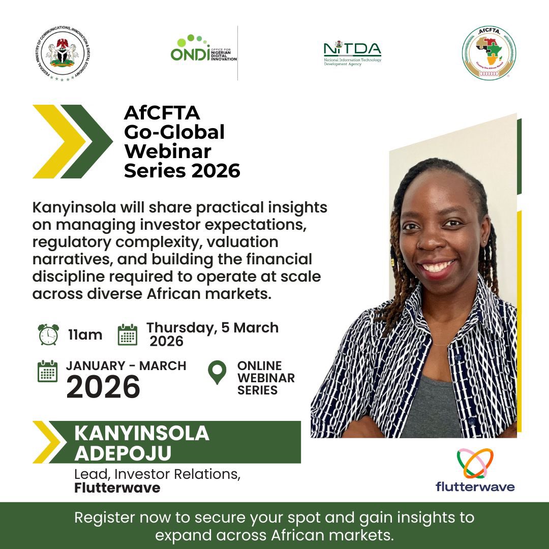 ONDINigeria's tweet photo. Scaling across Africa? 💸🌍
Capital strategy is everything.

Session 5 brings together:
🔥 Iyinoluwa Aboyeji (Future Africa)
🌍 Oyinkan Bello (UK Tech Hub)
🚀 Kanyinsola Adepoju (Flutterwave)

Learn how to:
• Structure capital
• Meet investor expectations
• Scale across AfCFTA markets

🗓 March 5 | 11AM (WAT)

🔗 https://t.co/TBdEgLDB56

Powered by @eTranzactPLC | @ChamsHoldCo | @Swiftfusiontech | @NITDANigeria 
#AfCFTA #StartupAfrica #ONDI