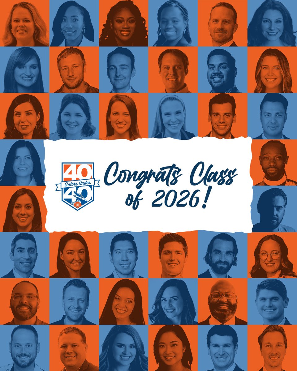 ufalumni's tweet photo. Congratulations to the @UF 40 Gators Under 40 Class of 2026! 🏆

This group of alumni is making an impact across industries and communities worldwide. 🌎

👉 Stay tuned as we spotlight this year’s honorees in the coming weeks.

https://t.co/uPXxVFOtMZ https://t.co/yMQg7A2HwJ