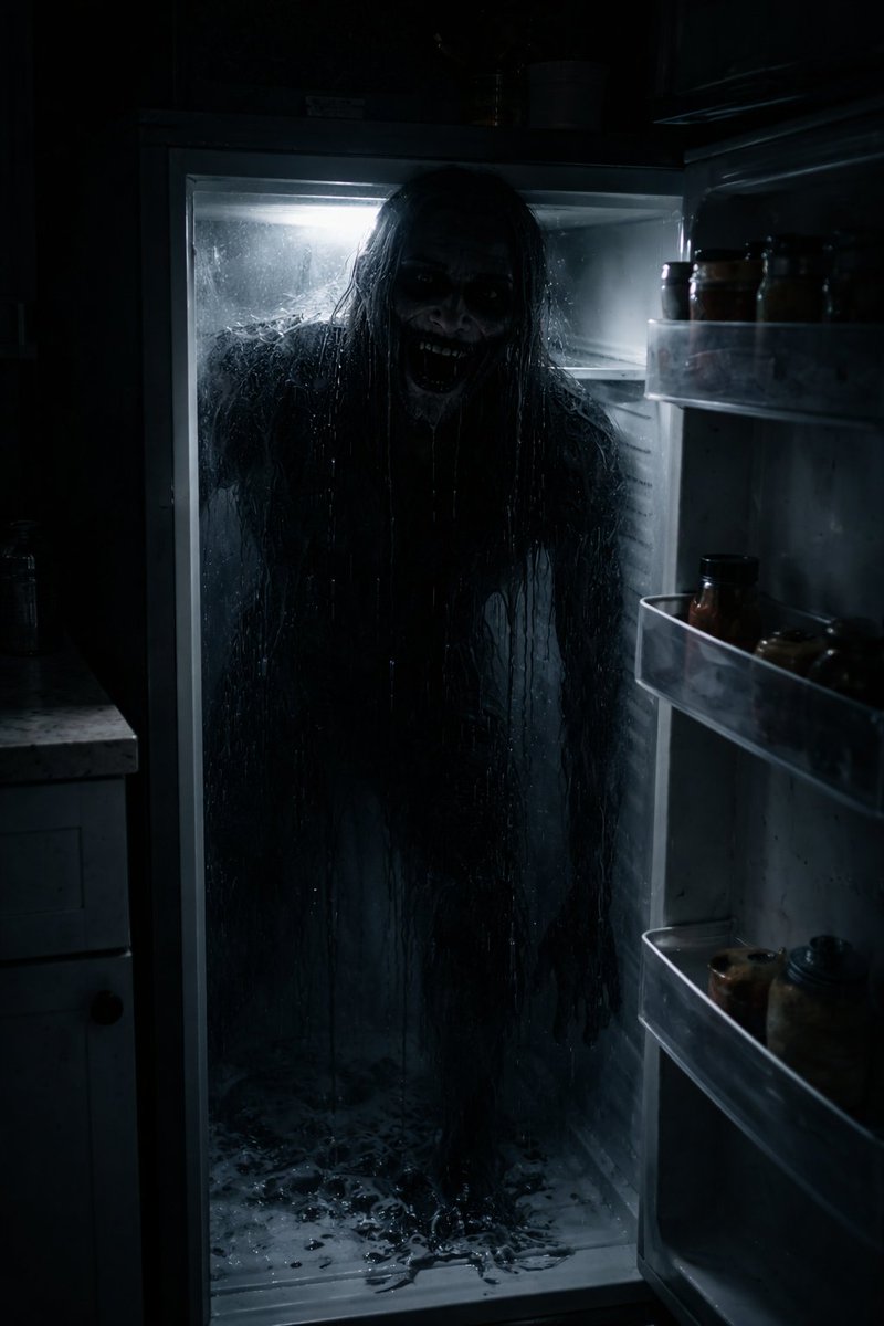 He turned. Empty kitchen. Just the fridge… until it creaked open by itself. A dark figure stepped out, dripping water, hollow eyes and a grin that wasn’t human.
Wale screamed as it whispered, cold and wet:
“Now… you’re mine.”
The fridge slammed shut. Silence returned.