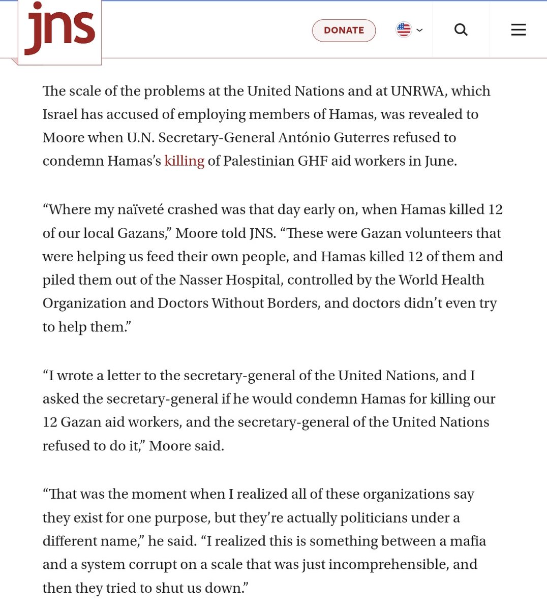 This should be a career-ending scandal for UN Secretary-General António Guterres.

Twelve Palestinian aid workers were slaughtered by Hamas, which piled their corpses in the courtyard of Nasser Hospital.

But when <a href="/JohnnieM/">Rev. Johnnie Moore ن</a> asked Guterres to condemn Hamas, he refused