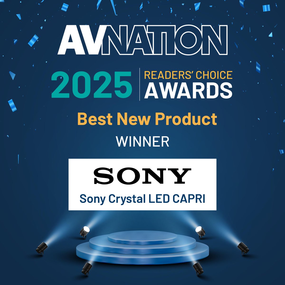 AVNationTV's tweet photo. 🚀 Breakout hit 🙌

@SonyProUSA Crystal LED CAPRI wins Best New Product at the AVNation Readers’ Choice Awards 2025.
Big launch. Bigger win🔥

👉 See who else took the crown: https://t.co/a1rTlljpRY

#AVTweeps #AVNationAwards #ReadersChoice #NewProduct #LEDDisplay #CrystalLED https://t.co/bX50KryyW5