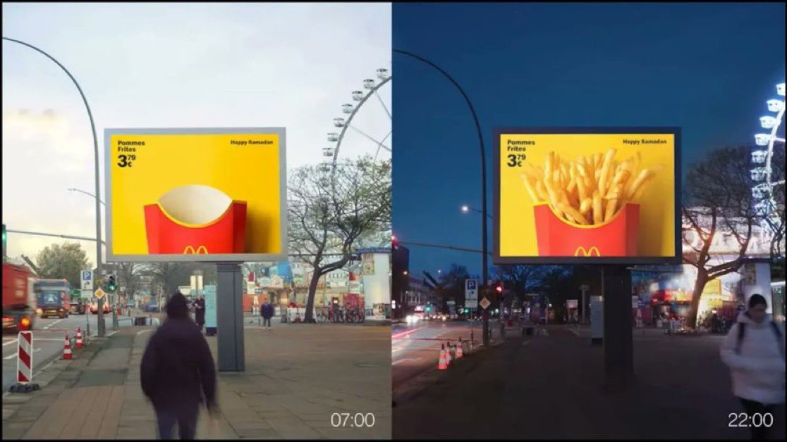 McDonald’s Duitsland heeft een nieuwe buitenreclamecampagne gelanceerd waarbij digitale billboards worden afgestemd op de stand van de zon, zodat het eten tijdens de hele ramadanmaand pas na zonsondergang zichtbaar is.