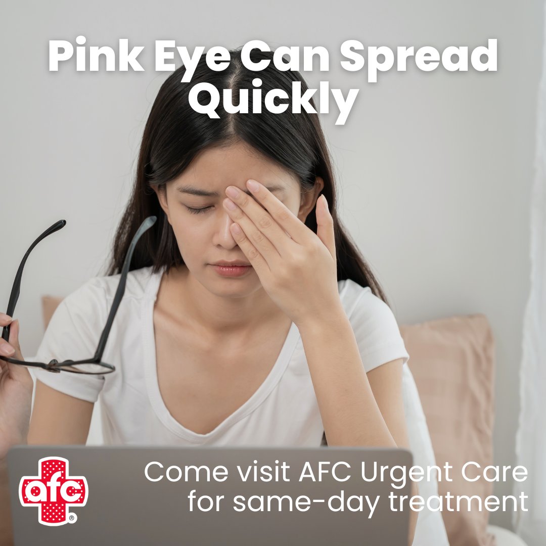 Pink eye can spread quickly at school and work. Early treatment helps reduce discomfort and limit transmission. Get same-day treatment for pink eye at AFC Urgent Care! No appointment necessary.