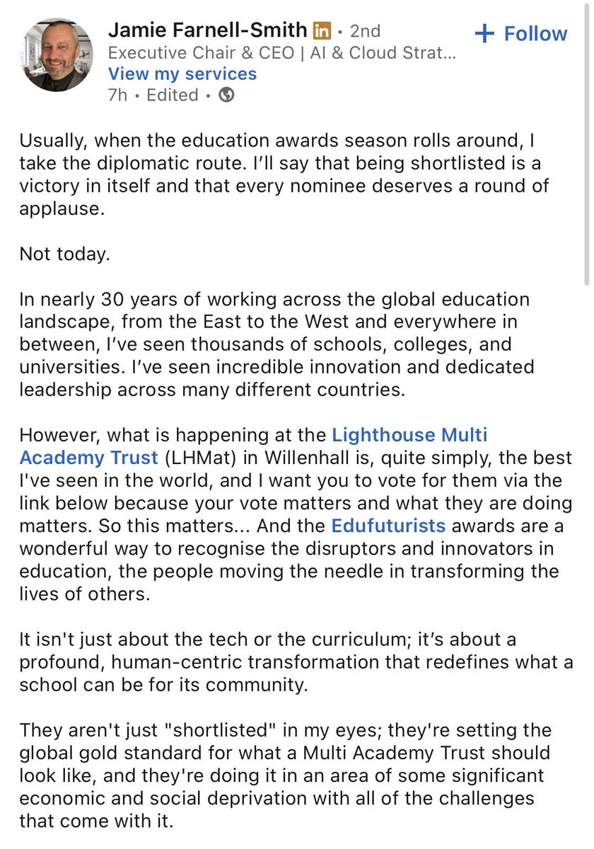 LighthouseMAT's tweet photo. Thank you again to Dr Jamie Smith for his unwavering support to our academy.

If you value vision, impact and genuine educational excellence, we would appreciate your support.

Please take 60 seconds to vote for Lighthouse MAT at the Edufuturists Awards:

https://t.co/SyDr91xenK https://t.co/njnQiZFZCO