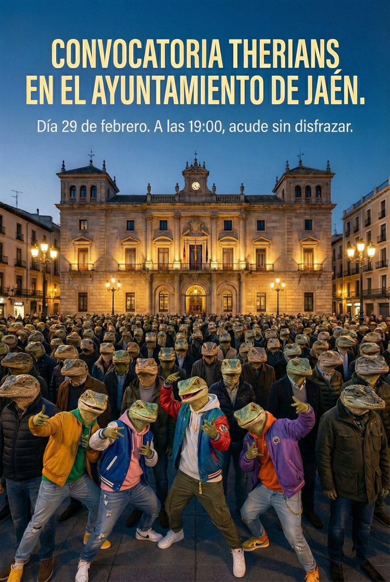 CONVOCATORIA THERIANS EN EL AYUNTAMIENTO DE JAÉN.
Día 29 de febrero. A las 19:00.
Acude sin disfrazar.