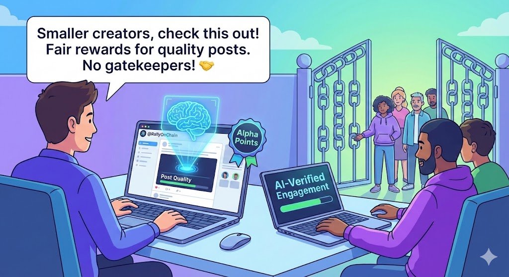 ct_tushar's tweet photo. If you’re a smaller creator in Web3, you should check out @RallyOnChain. It’s a new tool where AI verifies your engagement, so you actually get rewarded for the quality of your posts. It’s still early (Alpha points era!), but the "no gatekeeper" vibe is exactly what we need. 🤝 https://t.co/1ZpX2SycAg