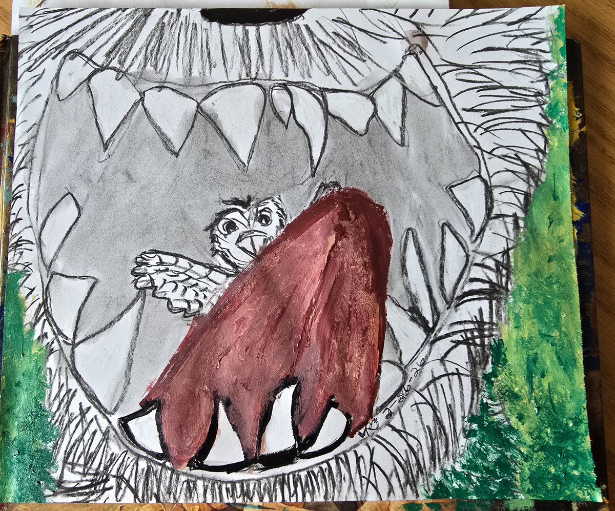 VanessaRaney's tweet photo. My #artwork today. I feel like the bird. I was thinking about the term chronic stress, and tgis image appeared. I had drawn a complete bird, but the tongue covered it. The tongue jumped in after I did the bird. #graphitepencils #kidspaints #Predator #tongue #ohmyteeth #danger https://t.co/anYbgv9eab