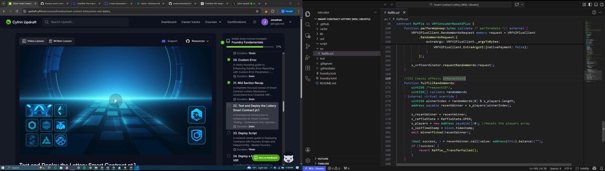 Jonathan_W3b's tweet photo. Day 17 of my Smart Contract Security Researcher journey 🔐
Today I learned how to automate a lottery using Chainlink Automation
Now the contract  automatically picks a winner and restarts the lottery once the previous round is complete. 
No manual intervention.
#SmartContracts https://t.co/ZX5lV9wytj