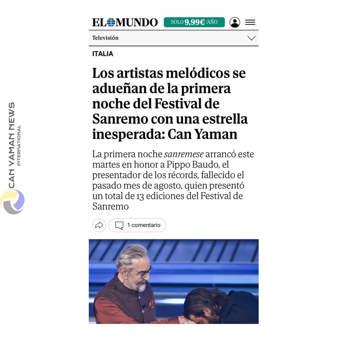 🇪🇸🗞️ | ElMundo Espana newspapers - The melodic artists take over the first night of the Sanremo Festival with an unexpected star: #CanYaman

The first night of #Sanremo started this Tuesday in honour of Pippo Baudo, the record presenter, who died last August, who presented a