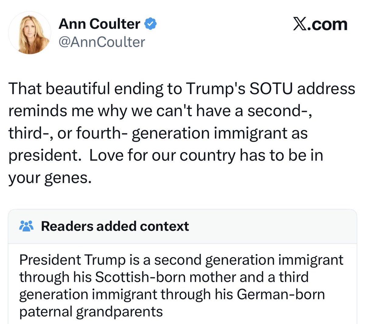 Love to see Community Notes cook Ann Coulter.

🍿