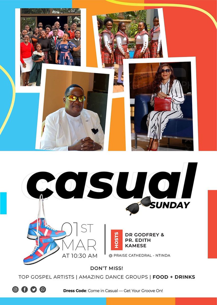 Casual Sunday is here! 🎉
Join us on 1st March at 10:30AM at Praise Cathedral – Ntinda with Dr. Godfrey &amp; Pr. Edith Kamese.

Top gospel artists • Amazing dance groups • Food + Drinks 🍔🎶
Dress code: Casual — Get your groove on!  
#CasualSunday #PraiseCathedral