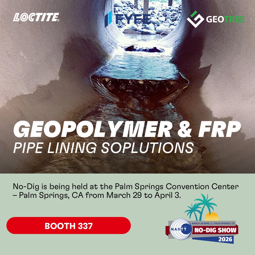 geotreesolution's tweet photo. Join us at #NASTT's No-Dig Show 2026 to discover our range of #SAPL solutions! Our partners at Fyfe will be available to discuss how #FRP is the ideal system to #StructuralStrengthen pipeline infrastructure. Visit us at Booth 337 and learn more at https://t.co/OBfsc5Q9ne. https://t.co/bgURwvqX34
