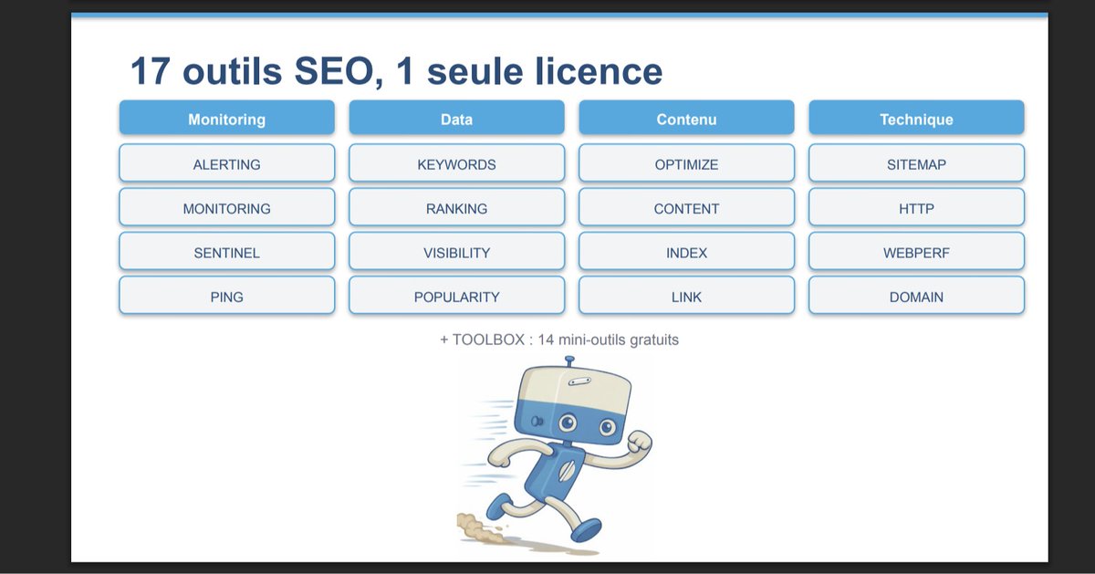 oseox's tweet photo. 17 Logiciels SEO Français
72€/mois 

- Crawler (1 an histo)
- Test de non régression (/h)
- Base de données de KW, BL et positions
- Monitoring de BL
- Contenu IA
- Force indexation
- Suivi de positions
- Reporting SEO auto
- Optimisation sémantique
- Histo GSC