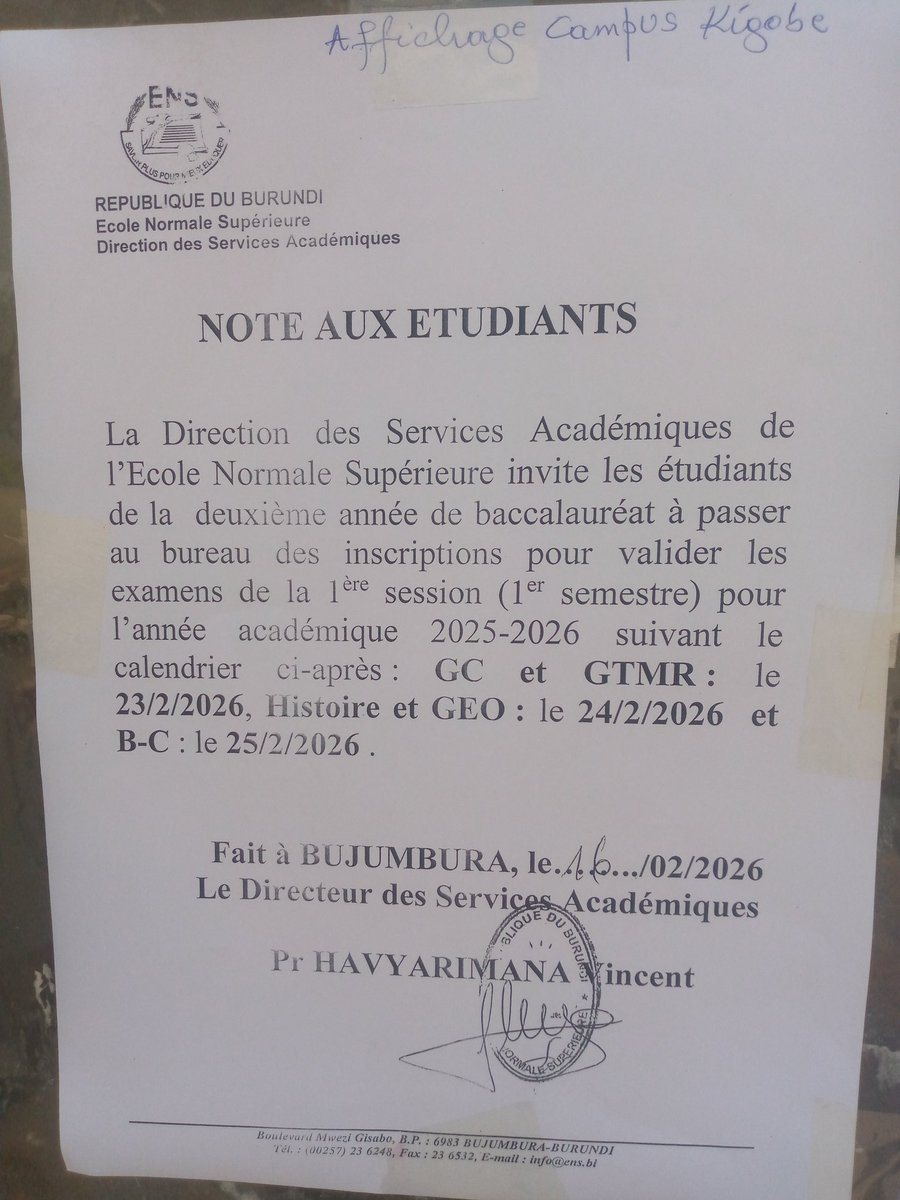 La Direction des Services Académiques de l'ENS invités les étudiants des Bac 2 Histoire, Géographie, BC et GTMR à passer au bureau des inscriptions pour valider les examens de la 1ere session (1er semestre) le 24 et 25 février 2026.